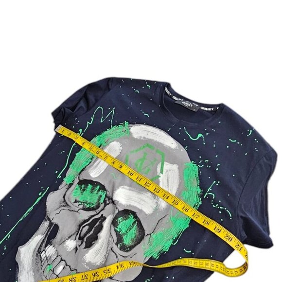 Avenue George V Paris Skull T-Shirt, Splatter Print, Graphic, Blue, Size Large - Picture 2 of 9